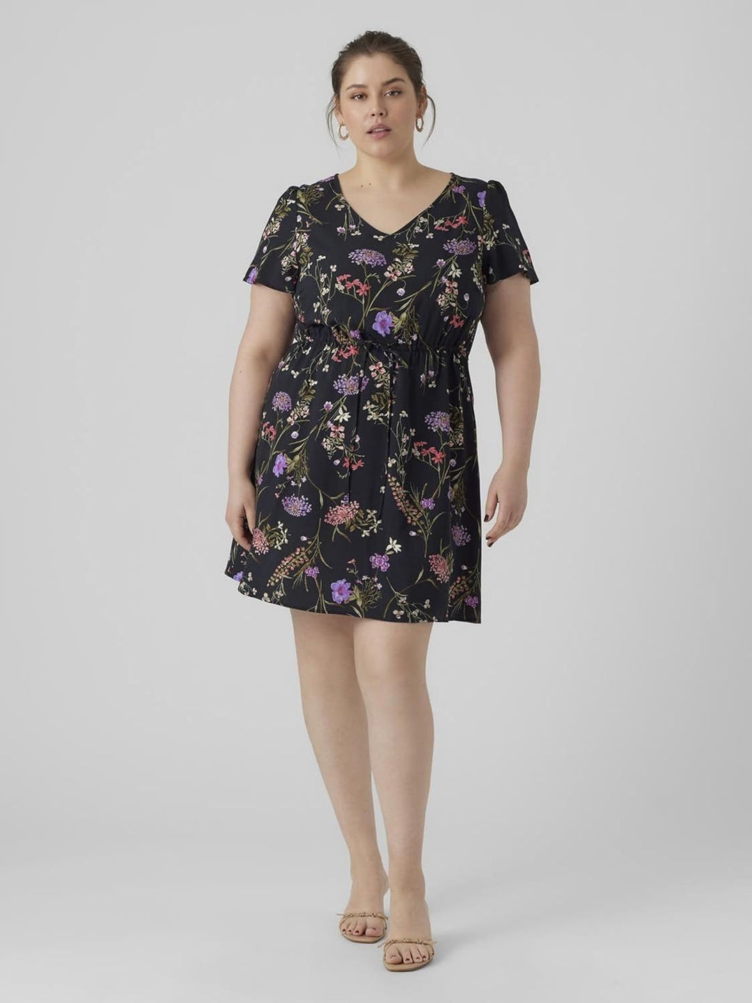 VERO MODA Damen Viskose Kleid VMEasy V-Neck Kurzarm Sommerkleid S Black/Aop:mille, S Black/Aop:mille