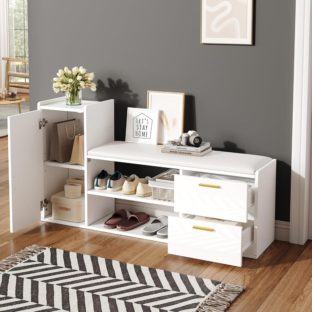 Merax Schuhschrank 128 × 30 × 68 cm mit Sitzbank &amp; Stauraum, Hochglanz Schuhregal mit 2 Schubladen u