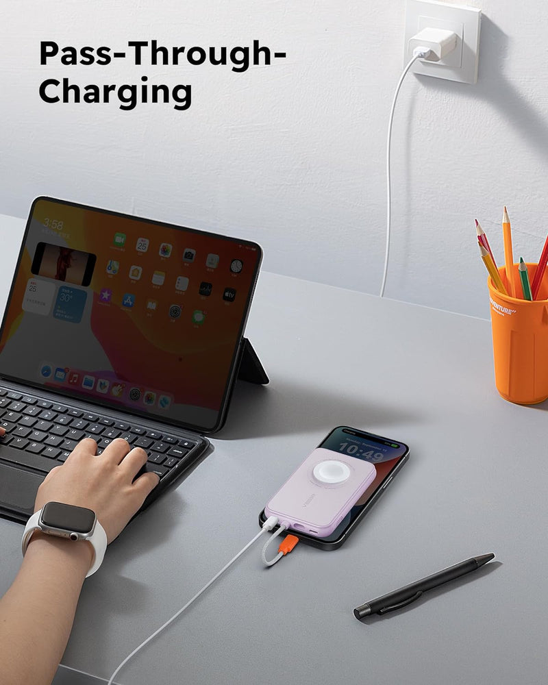 VEGER Mini Power Bank 20W PD, 5000mAh Powerbank mit Eingebautem Apple Kabel, mit Apple Watch Laden,