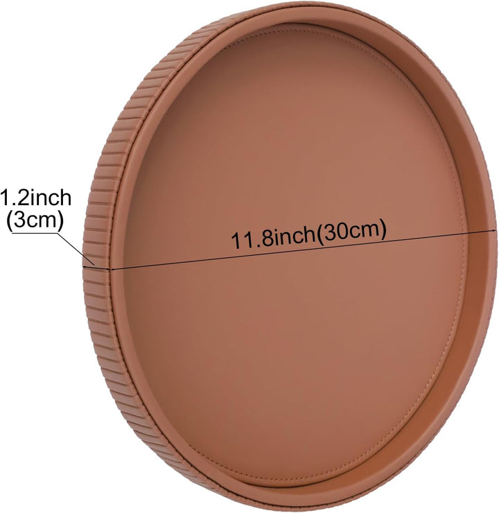 HofferRuffer Round Serving Tray, Leather Decorative Tray 30cm,Brown