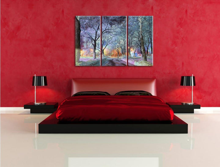 Pixxprint Baumallee im Winter Bunstift Effekt 3-Teiler Leinwandbild 120x80 Bild auf Leinwand