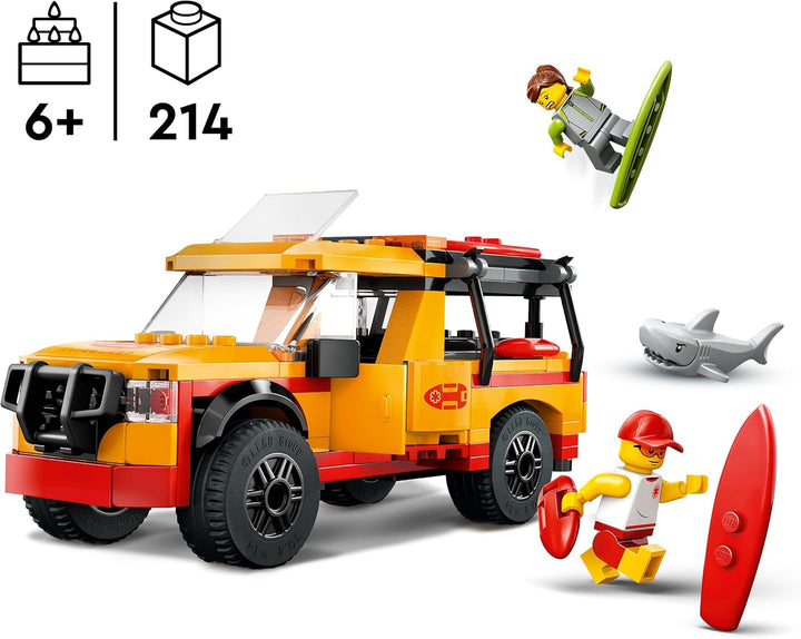 LEGO City Einsatzfahrzeug der Rettungsschwimmer - Geländewagen Spielzeug mit 2 Minifiguren und Hai -