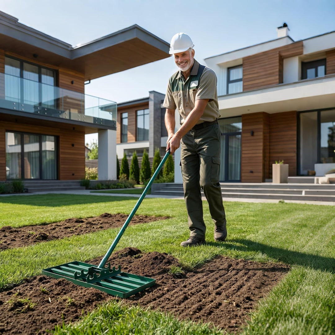 XMTECH Rasenharke Edelstahl 50x25cm Grün Verstellbarer Stiel Garten | Rutschfester Griff, verteilt M