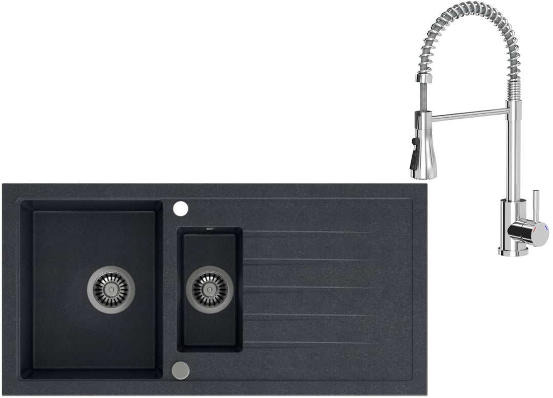 VBChome Spülbecken mit Armatur 100 x 50 cm Einzelbecken Schwarz Granit Rechteckig Reversibel Einbaus