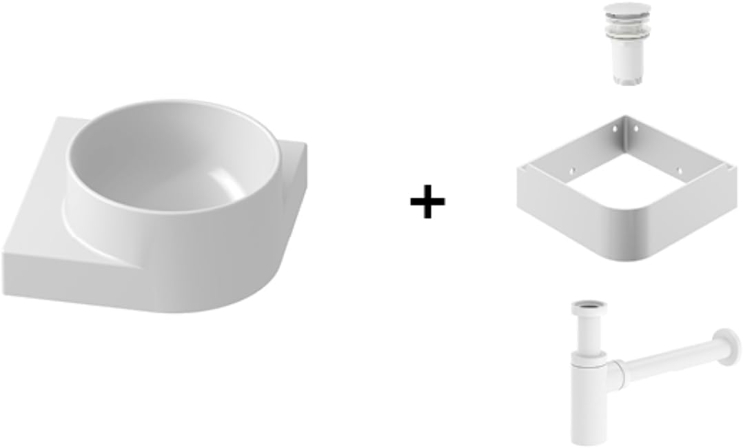 Eckwaschbecken-Set mit Original-Einbauregal und Weiss Zubehör, Eckwaschbecken zur Wandmontage mit Ha