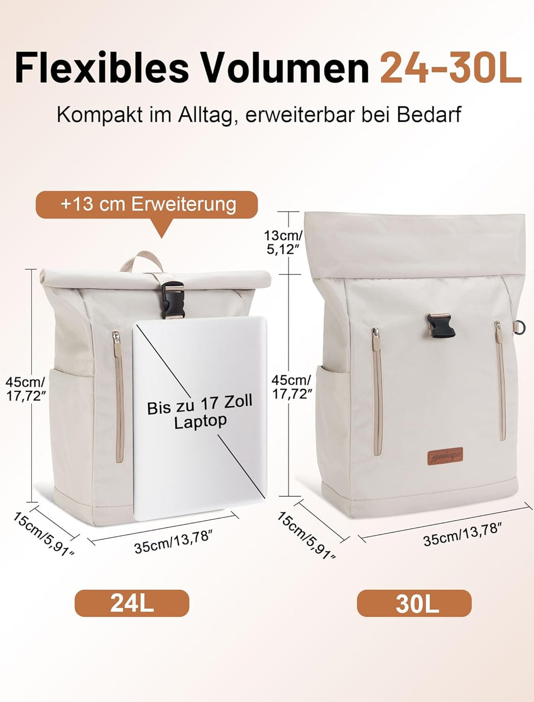 Rucksack Damen & Herren, 24-30L Rolltop Rucksack Laptoprucksack mit 17 Zoll Laptopfach & USB Anschlu