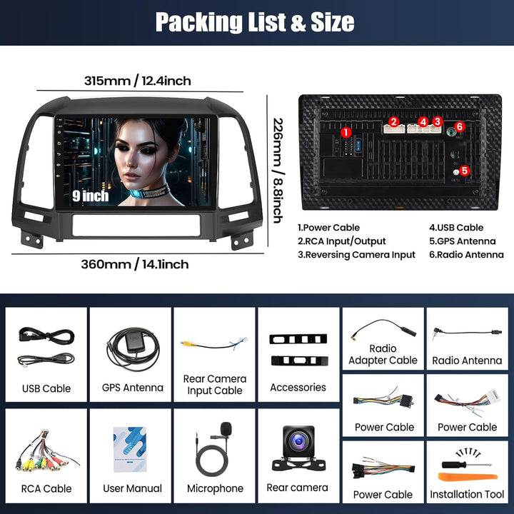 CAMECHO 2+64G Android 13 Navi Autoradio für Hyundai Santa Fe 2006-2012 mit 9 Zoll Touchscreen HD Rüc