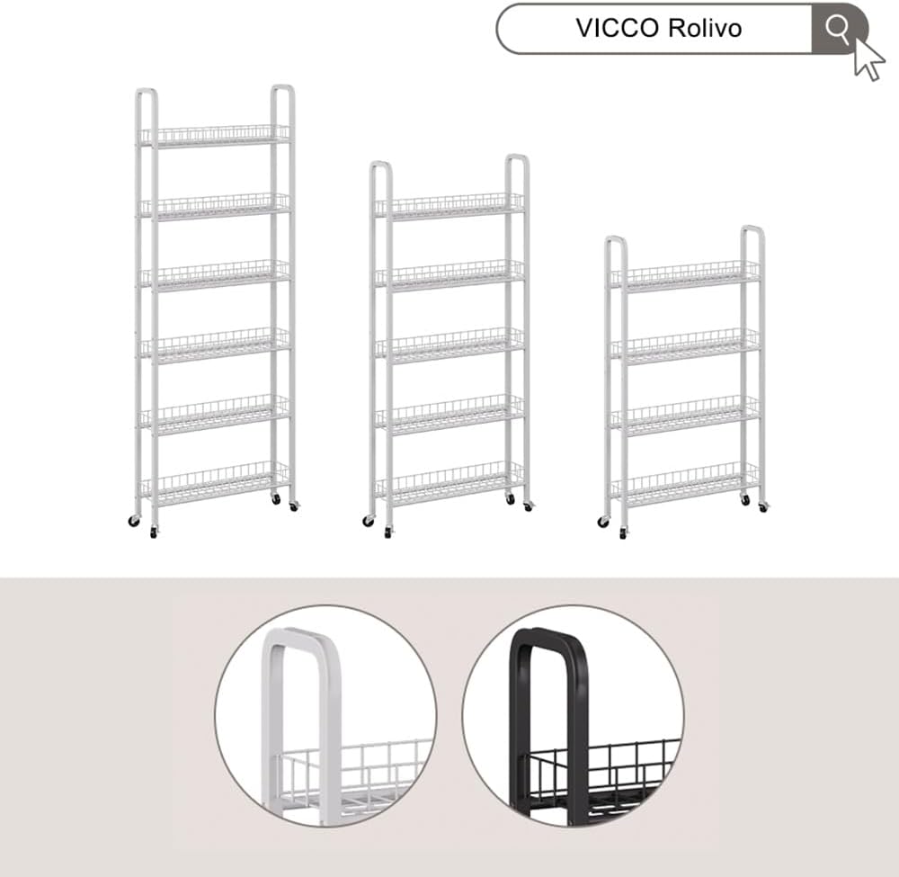 Vicco Rollregal Rolivo, Weiss, 58 x 15 cm mit 4 Fächern, auf Rollen flexibel positionierbar für schm