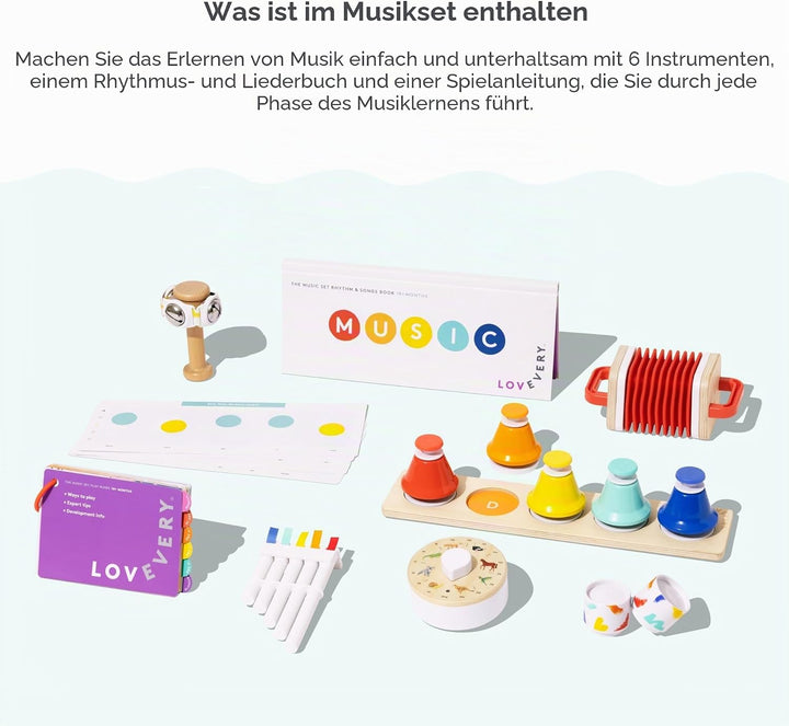 Lovevery The Music Set, Mehrfarbig/Meereswellen (Ocean Tides), Medium, 6 Musikinstrumente, Buch mit