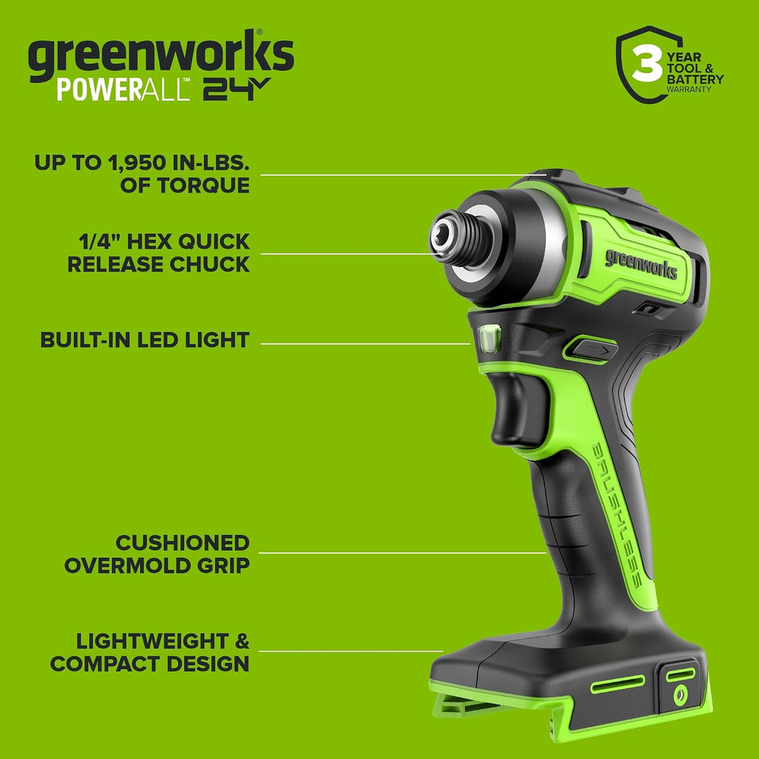 Greenworks 24V Bürstenloses Bohrschrauber- &amp; Schlagschrauber-Set, 45 Nm + 220 Nm, Leicht, inkl. 2× 2
