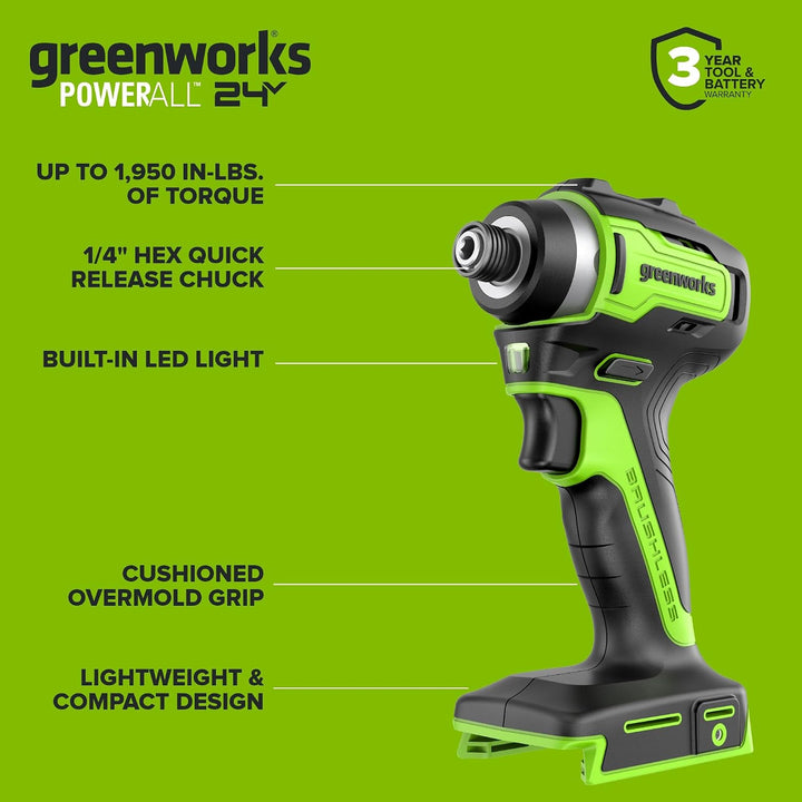 Greenworks 24V Bürstenloses Bohrschrauber- &amp; Schlagschrauber-Set, 45 Nm + 220 Nm, Leicht, inkl. 2× 2