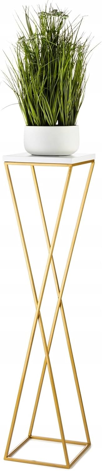 Pflanzenständer Metall 100 cm Hoch - Stabiler und Fester Blumenhocker mit Weiss MDF-Platte auf Gold