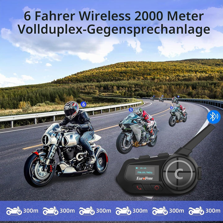EuroFone Motorrad Bluetooth Headset,Motorrad Bluetooth Gegensprechanlage mit LED-Bildschirm für 6 Fa