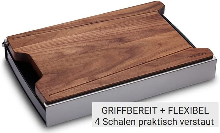 Schneidbox Nussbaum - Schneidebrett Mit 4 Auffangschalen Im Edelstahlkasten Inkl. Wechselbrett - Pat