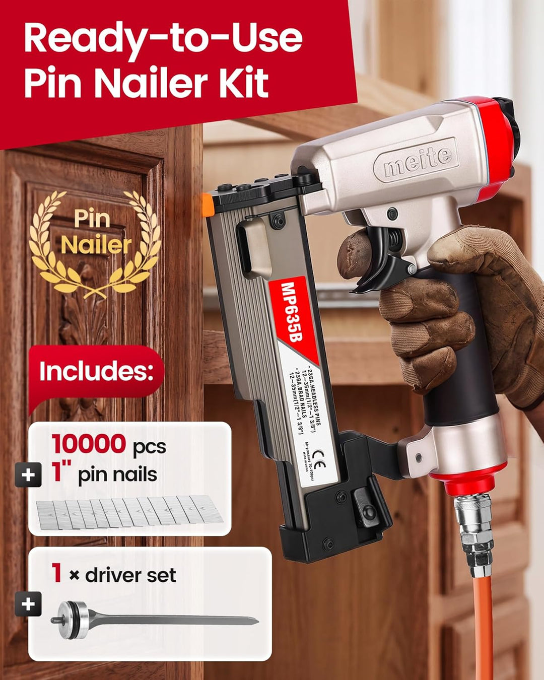 meite MP635B 23-Gauge Stiftnagler mit 10.000 Stück 25 mm Stiftnägel, kompakte pneumatische Pin-Nagle