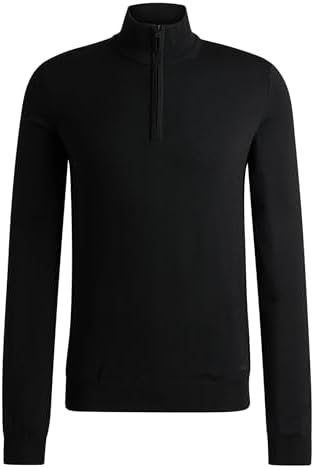 HUGO Herren San Quirin-M Regular-Fit Pullover aus Schurwolle mit Reissverschluss am Kragen, L Black1