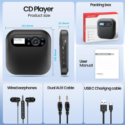 Tragbarer CD Player mit Bluetooth, NEU Wiederaufladbar Discman CD Player für Auto mit FM, Zwei Stere