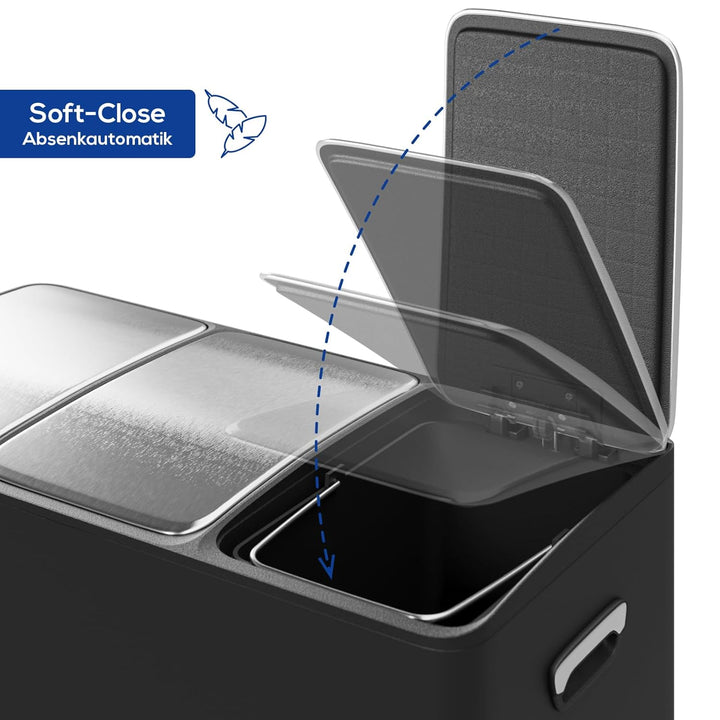 WELLGRO Treteimer, Mülleimer, Edelstahl Tretmülleimer mit 3 x 15 Liter, klappbaren Fusspedalen, Abse