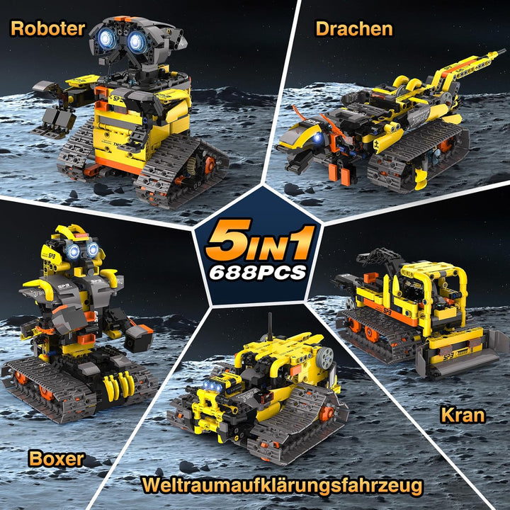 Technic Roboter Bauspielzeug Bausatz, 688PCS 5-IN-1 RC Roboter und Auto, Ferngesteuert und App Robot