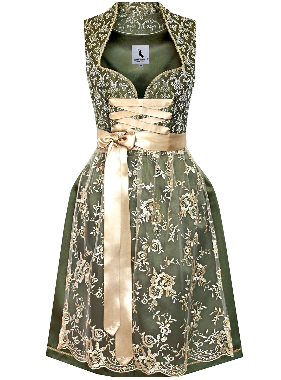 Alpenmärchen Midi Dirndl aus Exklusiver Kollektion inkl. Spitzenschürze Gr.32-54 - ALM660 32 Grün-cr