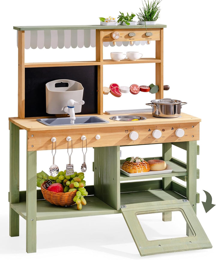 ROBOTIME Mud Kitchen Spielset für Kinder, Deluxe Outdoor-Holzküche mit funktionierendem Wasserhahn,