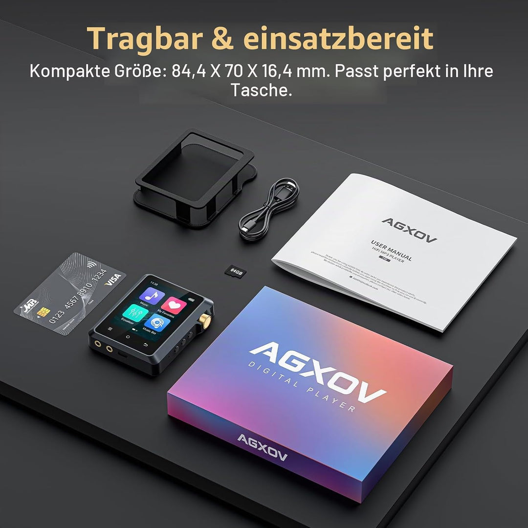 64GB Hi Res MP3 Player mit Bluetooth 5.3, DSD DAC Hi-Res FLAC Player Verlustfreier Musikplayer, Trag