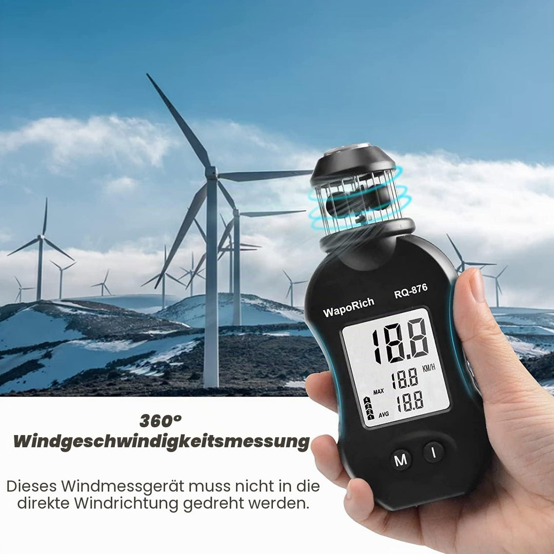 WapoRich Mini Windmesser, 360° Cup-Anemometer Handheld Windmessgerät misst Windgeschwindig 0,7–42 m/