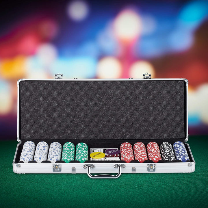 Relaxdays Pokerkoffer, 500 Pokerchips ohne Wert, 2 Kartendecks, 5 Würfel, Button Set, abschliessbar,