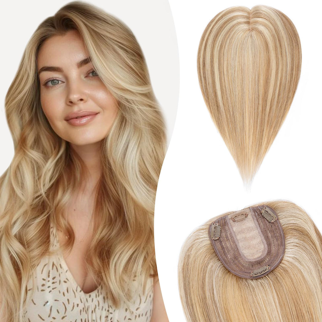 Silk-co Hair Topper Echthaar, 10x12cm Basis Toupet Damen, Haartopper Echthaar mit Remy Seide Basis,