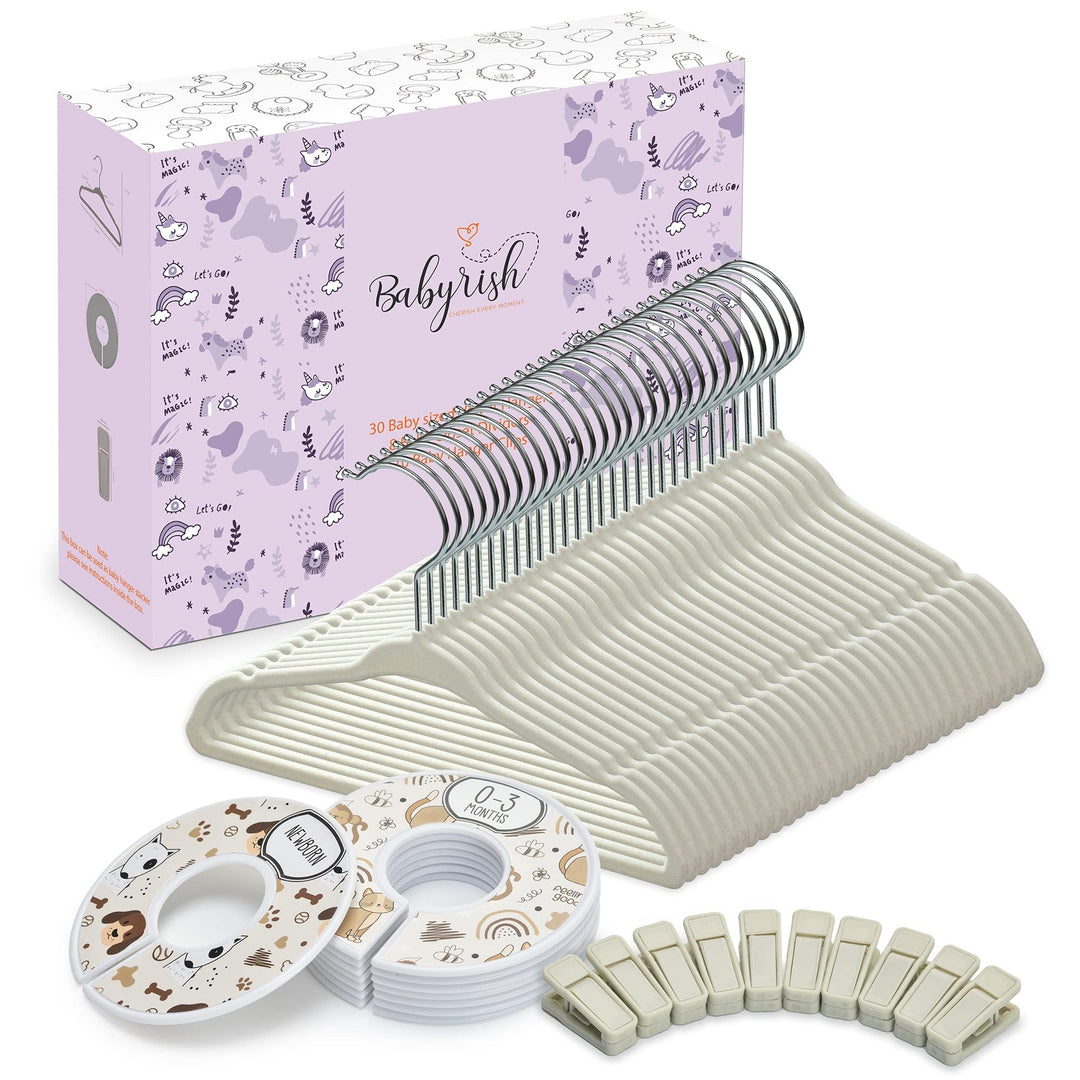 Unisex-Kinderzimmer-Schrank-Organizer-Set, 30 x Samt-Kleiderbügel für Babykleidung mit 8 Trennwänden