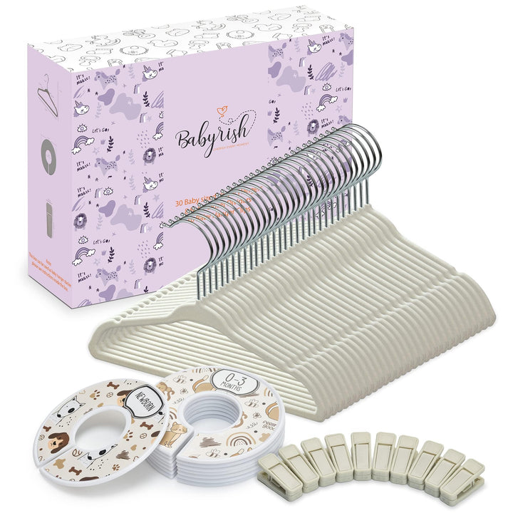 Unisex-Kinderzimmer-Schrank-Organizer-Set, 30 x Samt-Kleiderbügel für Babykleidung mit 8 Trennwänden
