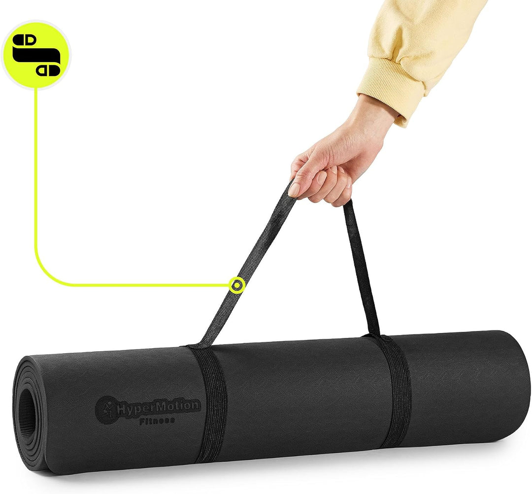 HyperMotion Yogamatte Fitnessmatte NBR 183x61x0,8 cm Schwarz, Rutschfest 8 mm, mit Tragegurt und Str