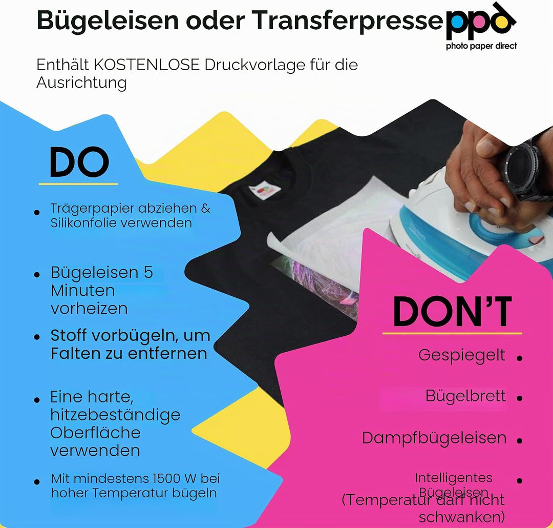 PPD 50xA4 Inkjet Premium Transferpapier für dunkles Textil, Bügeleisen und Transferpresse PPD-4-50