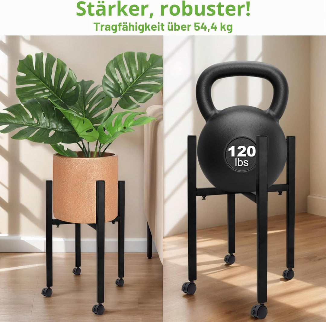 Verstellbarer Pflanzenständer, Blumenständer Metall Schwarz mit 4 Umlenkrollen für 24-38 cm Verschie
