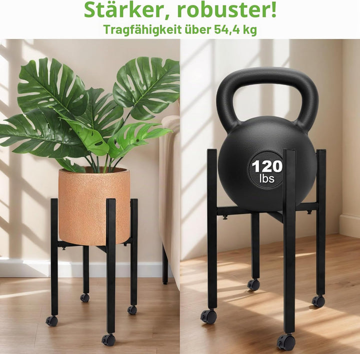 Verstellbarer Pflanzenständer, Blumenständer Metall Schwarz mit 4 Umlenkrollen für 24-38 cm Verschie