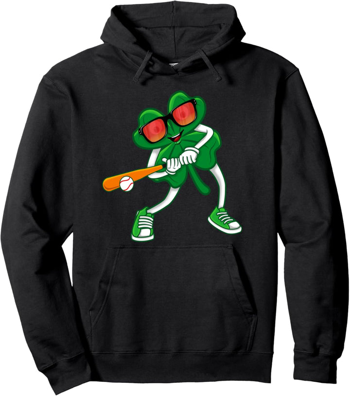 Baseball Pitcher Boys St Patricks Day Lucky Shamrock Bat Kid Pullover Hoodie
