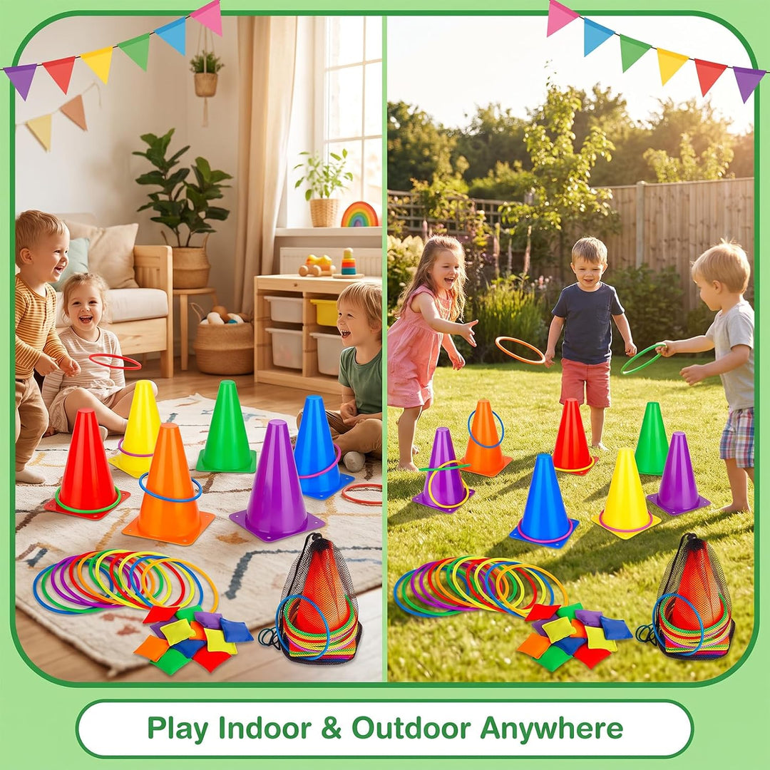 LAMEK Outdoor Spiele für Kinder Pylonen Cornhole Spiel Ringwurfspiele, Gartenspielzeug 3 in 1 Wurfsp