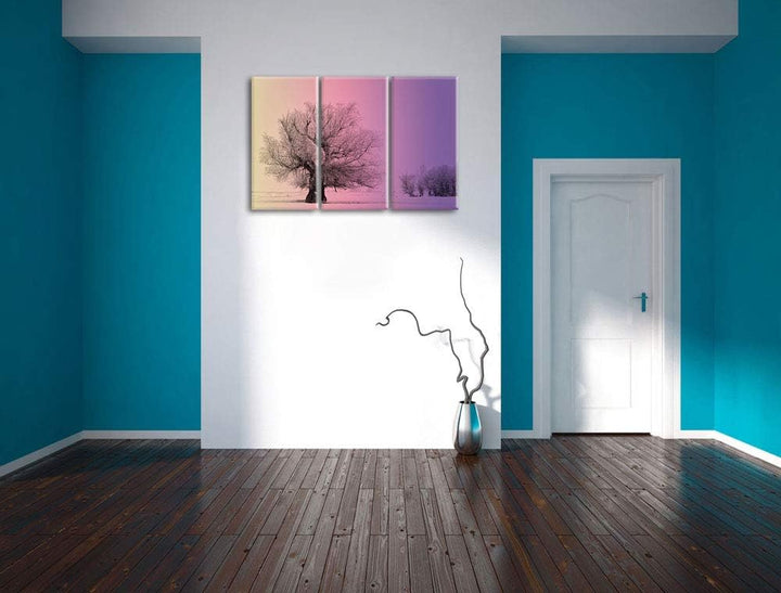 verschneite Bäume im Nebel schwarz/weiss 3-Teiler Leinwandbild 120x80 Bild auf Leinwand, XXL riesige