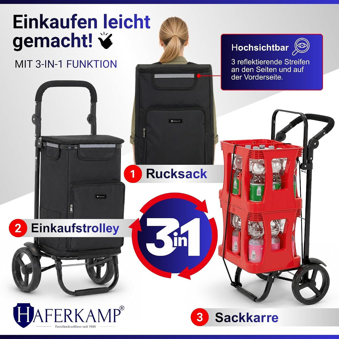 Klappbarer Einkaufstrolley TRAGINO 3-in1 Einkaufswagen, Schwarz Schwarz 65 Liter, Schwarz 65 Liter