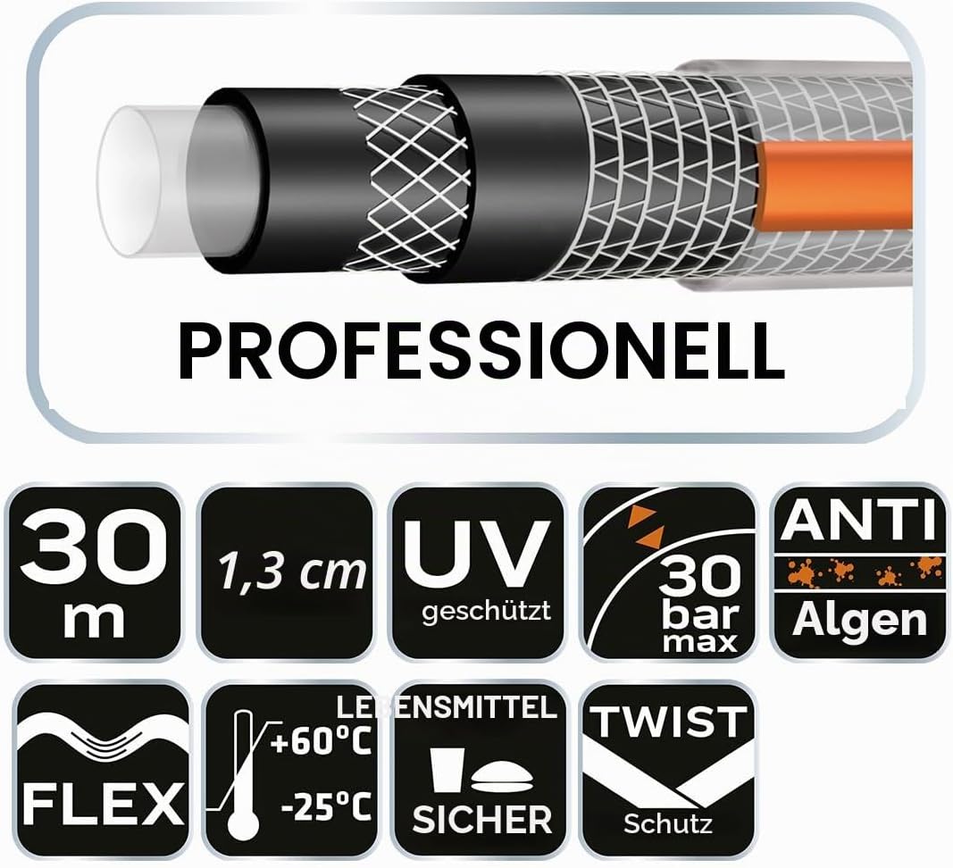 NEO TOOLS Gartenschlauch 1/2 Zoll, 30 m Länge, 6-lagiger | UV-beständig, Flexibel Schlauch, Verdrehs