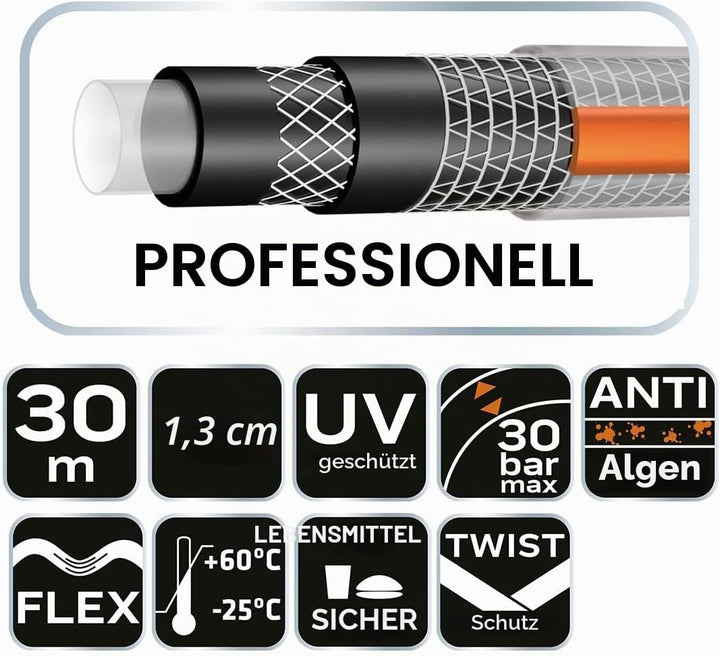 NEO TOOLS Gartenschlauch 1/2 Zoll, 30 m Länge, 6-lagiger | UV-beständig, Flexibel Schlauch, Verdrehs