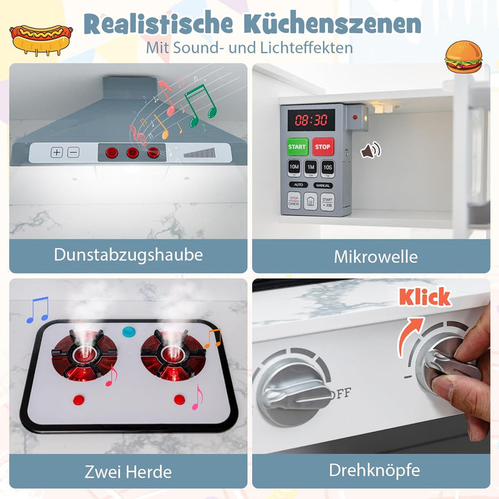 DREAMADE Kinderküche aus Holz mit 16 TLG. Spielzubehör, Kinder Küche Eckküche mit Tafel Herd Spüle B