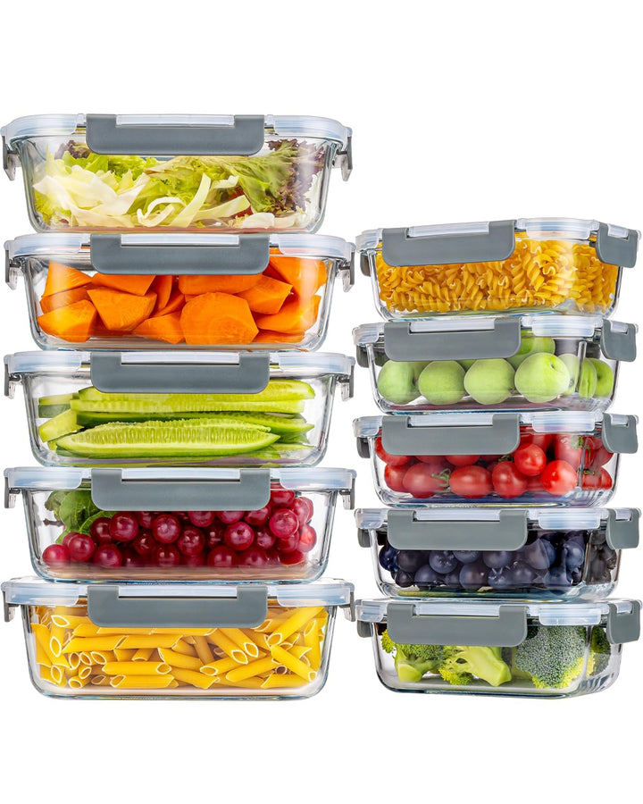 20er Set (10-Pack) Glas Vorratsdosen - 5x 1040ml & 5x 370ml Borosilikatglas für Mikrowelle & Meal Pr