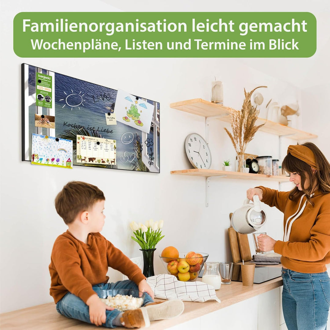 banjado Magnettafel schwarz 78 x 37cm / Magnetwand Metall/Magnetpinnwand als Memoboard/Pinnwand Magn