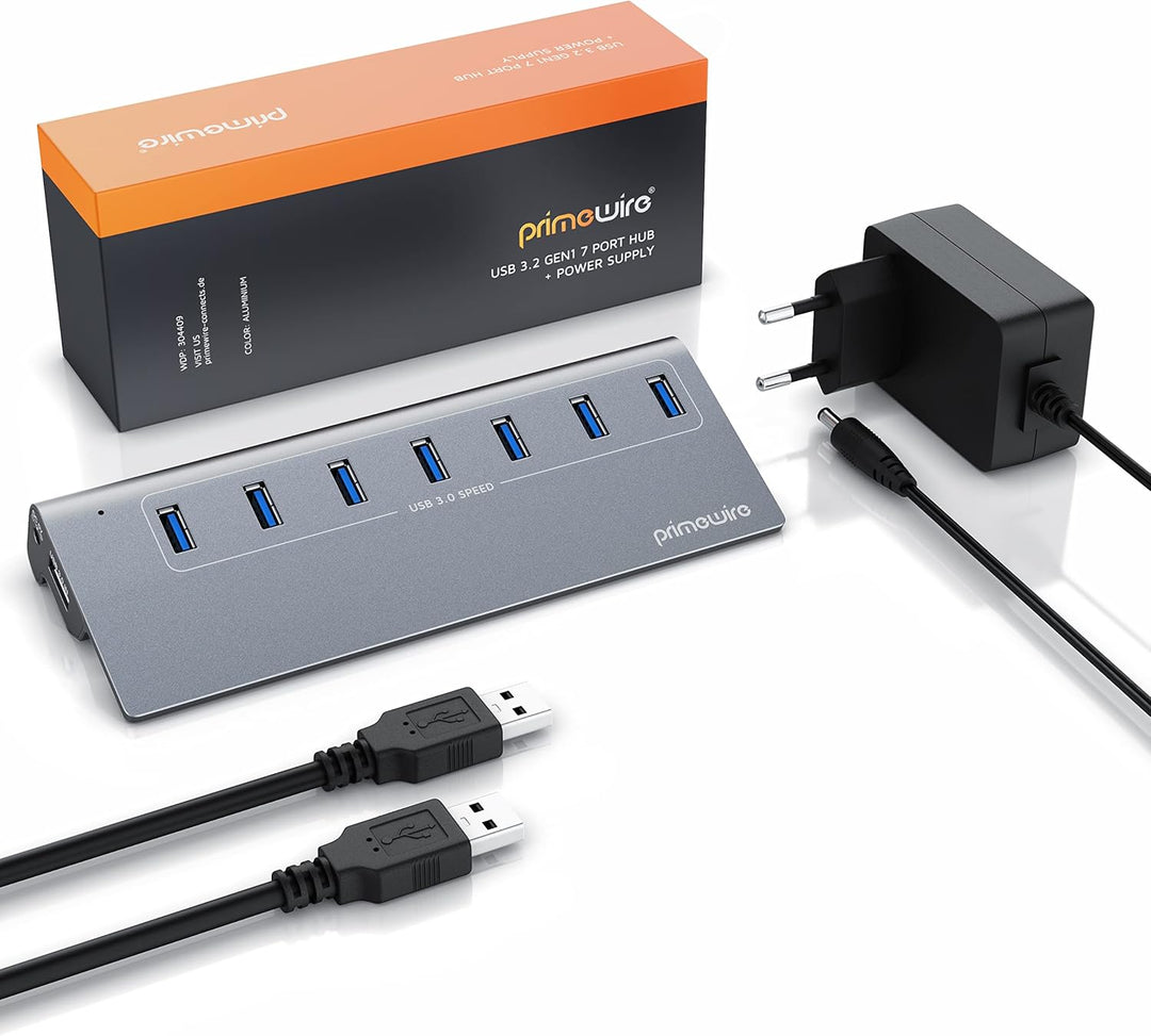 CSL USB 3.2 Gen2 Hub 7 Port Verteiler aktiv 10 Gbit/s Aktiver Betrieb mit Netzteil Metallgehäuse für