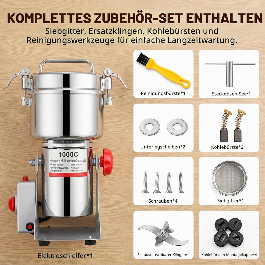 Tragbare Getreidemühle 220 V, 1000g Elektrische Getreidemühle, Superfein Edelstahl Mühle, Hochgeschw