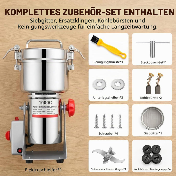 Tragbare Getreidemühle 220 V, 1000g Elektrische Getreidemühle, Superfein Edelstahl Mühle, Hochgeschw
