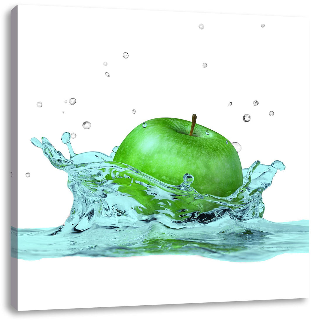 Pixxprint Green Apple Grüner Apfel fällt in Wasser schwarz/weiss, Format: 70x70 auf Leinwand, 70x70