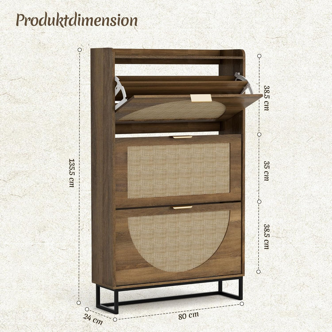 Rattan Schuhschrank Schmal, Schuhregal mit 3 Klappen, Schuhkipper mit Verstellbar, Schuhaufbewahrung