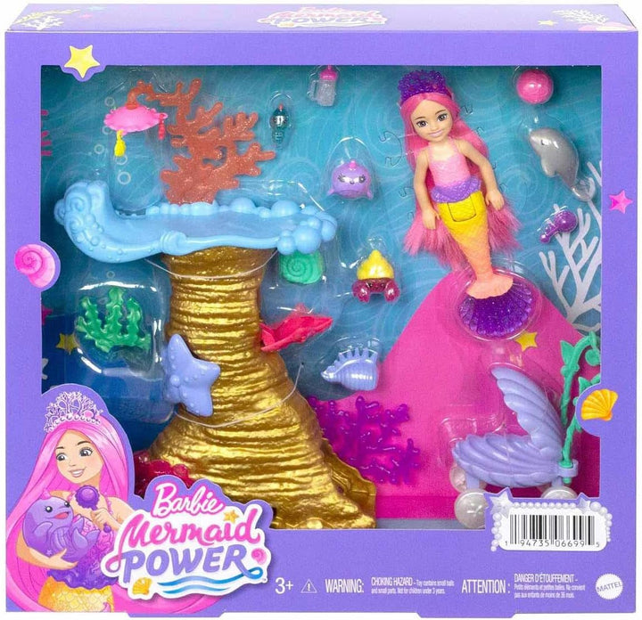 Barbie HHG58 - Meerjungfrauen Power Chelsea Meerjungfrau Puppe (Pinke Haare) Spielset mit 4 Haustier
